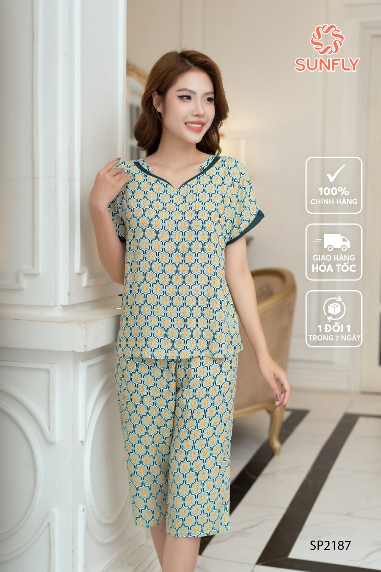 Đồ bộ mặc nhà nữ lanh lụa họa tiết áo cộc quần ngố SP2187