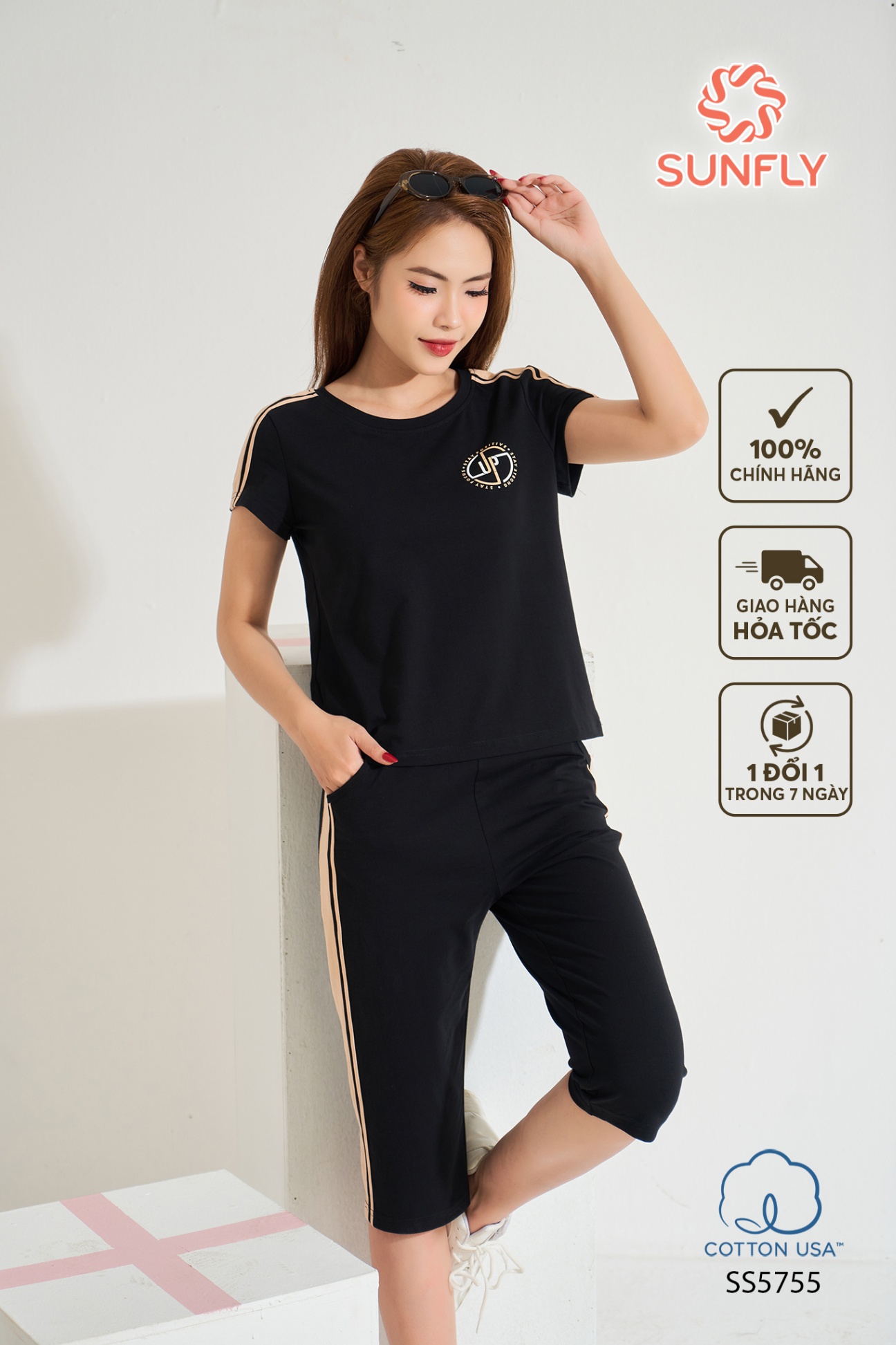 Bộ thể thao nữ cotton USA áo cộc quần ngố SS5755