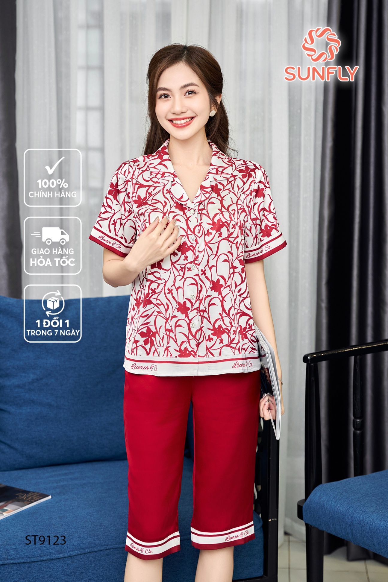 Bộ pijamas nữ lụa satin áo cộc quần ngố ST9123