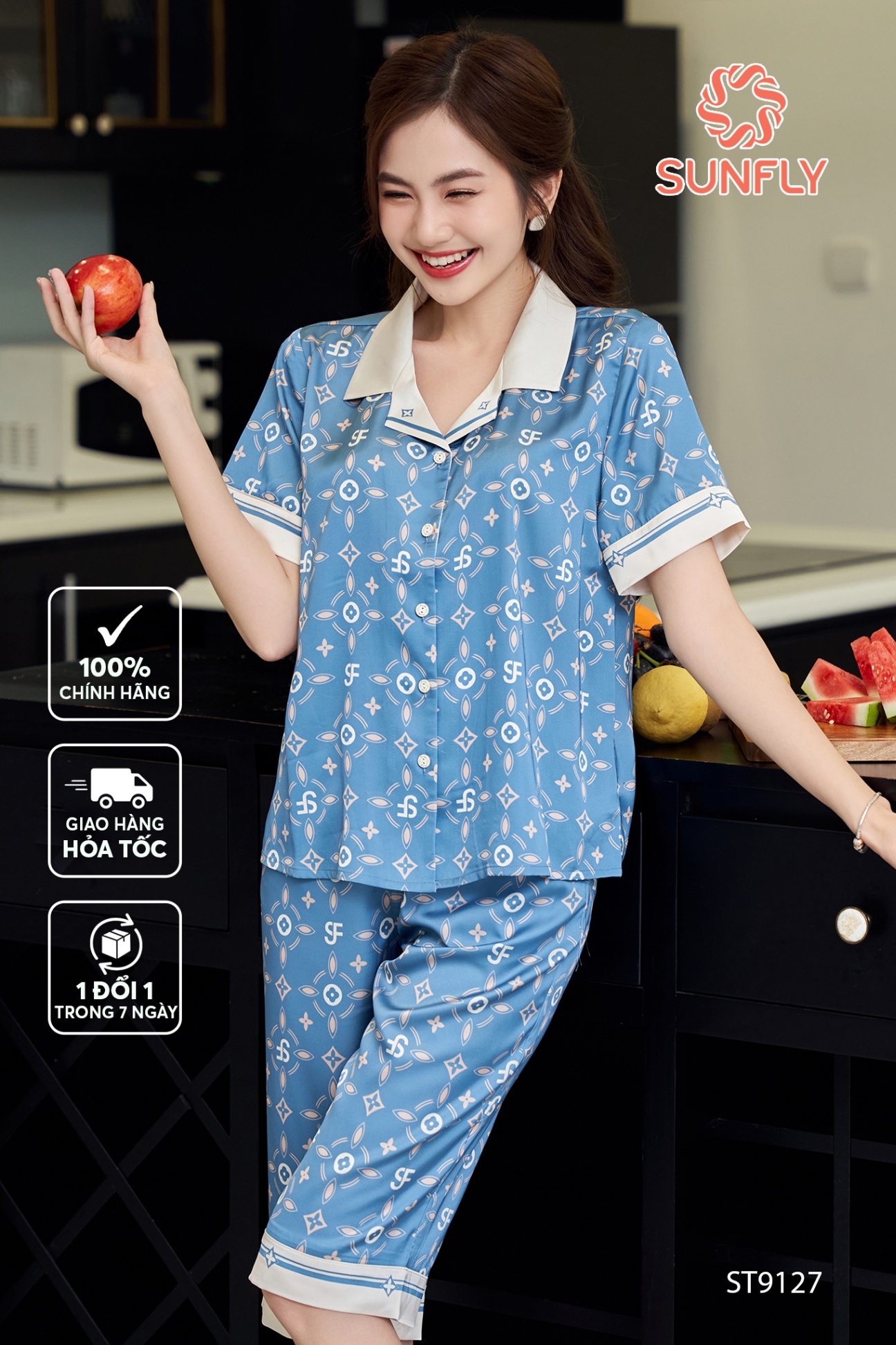 Bộ pijamas nữ lụa latin áo cộc quần ngố ST9127