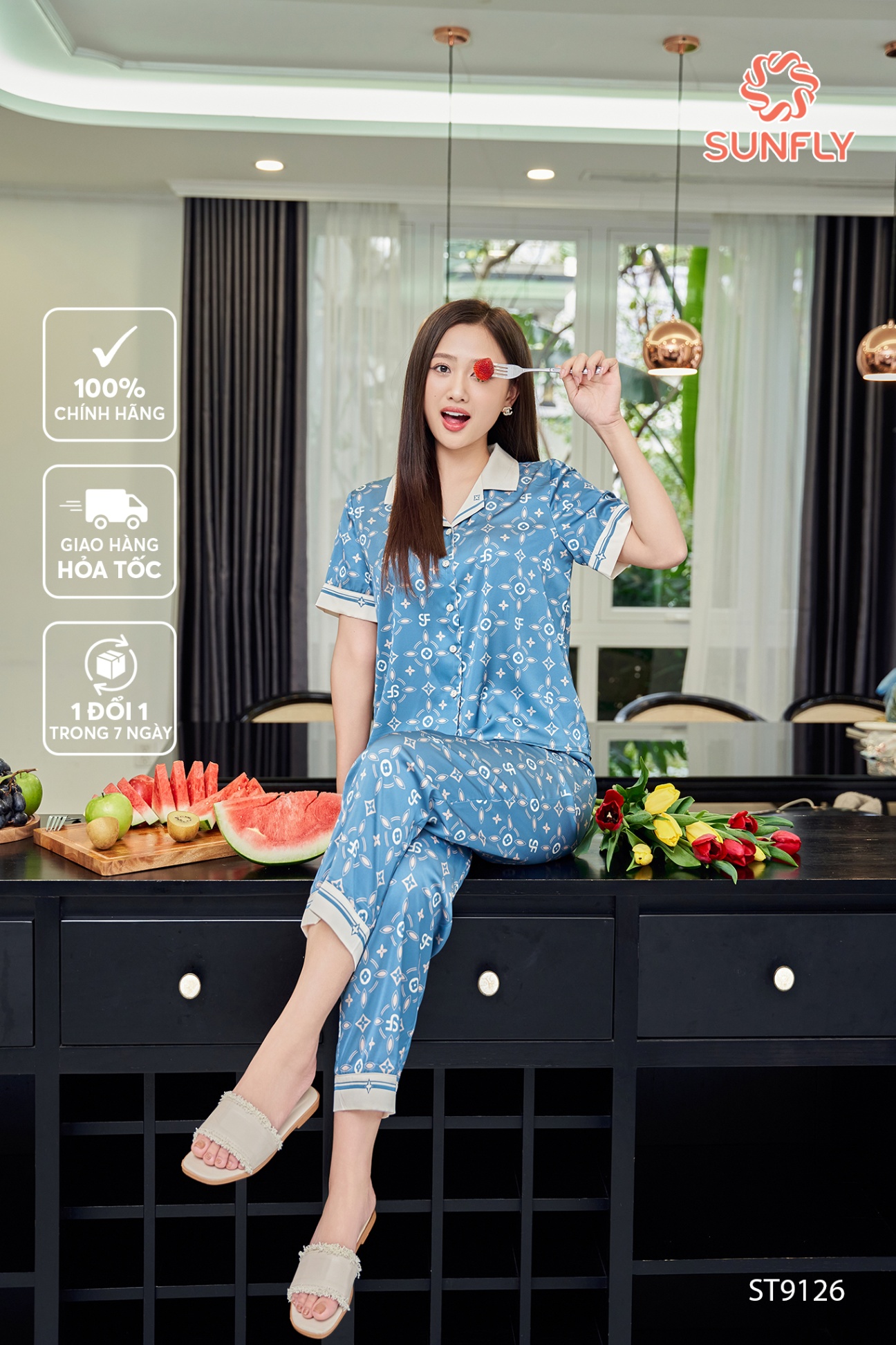 Bộ pijamas nữ lụa latin áo cộc quần dài ST9126
