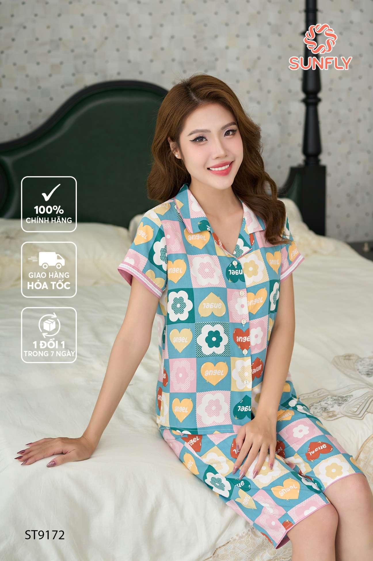 Bộ pijamas nữ lanh lụa họa tiết áo cộc quần ngố ST9172