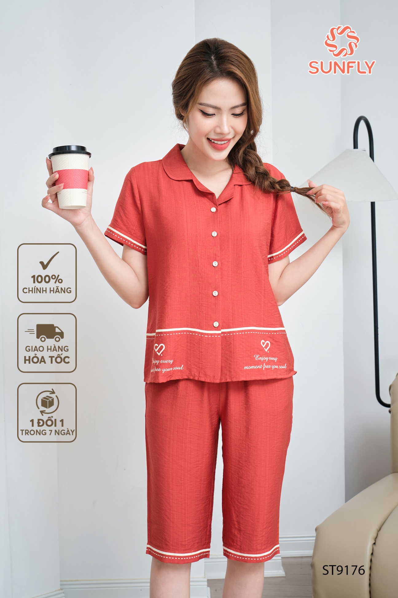Bộ pijamas nữ linen màu áo cộc quần ngố ST9176