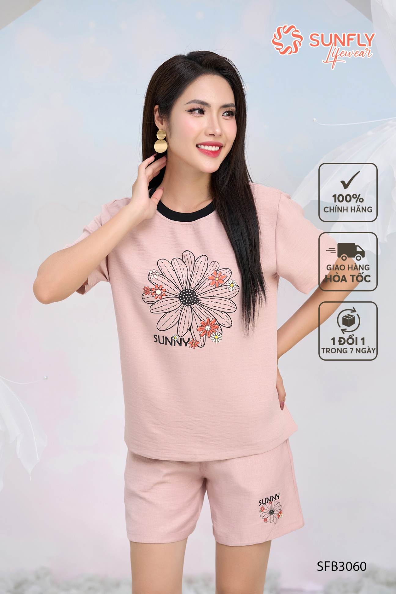 Set đồ nữ đũi vân mây áo suông cộc quần sooc SFB3060