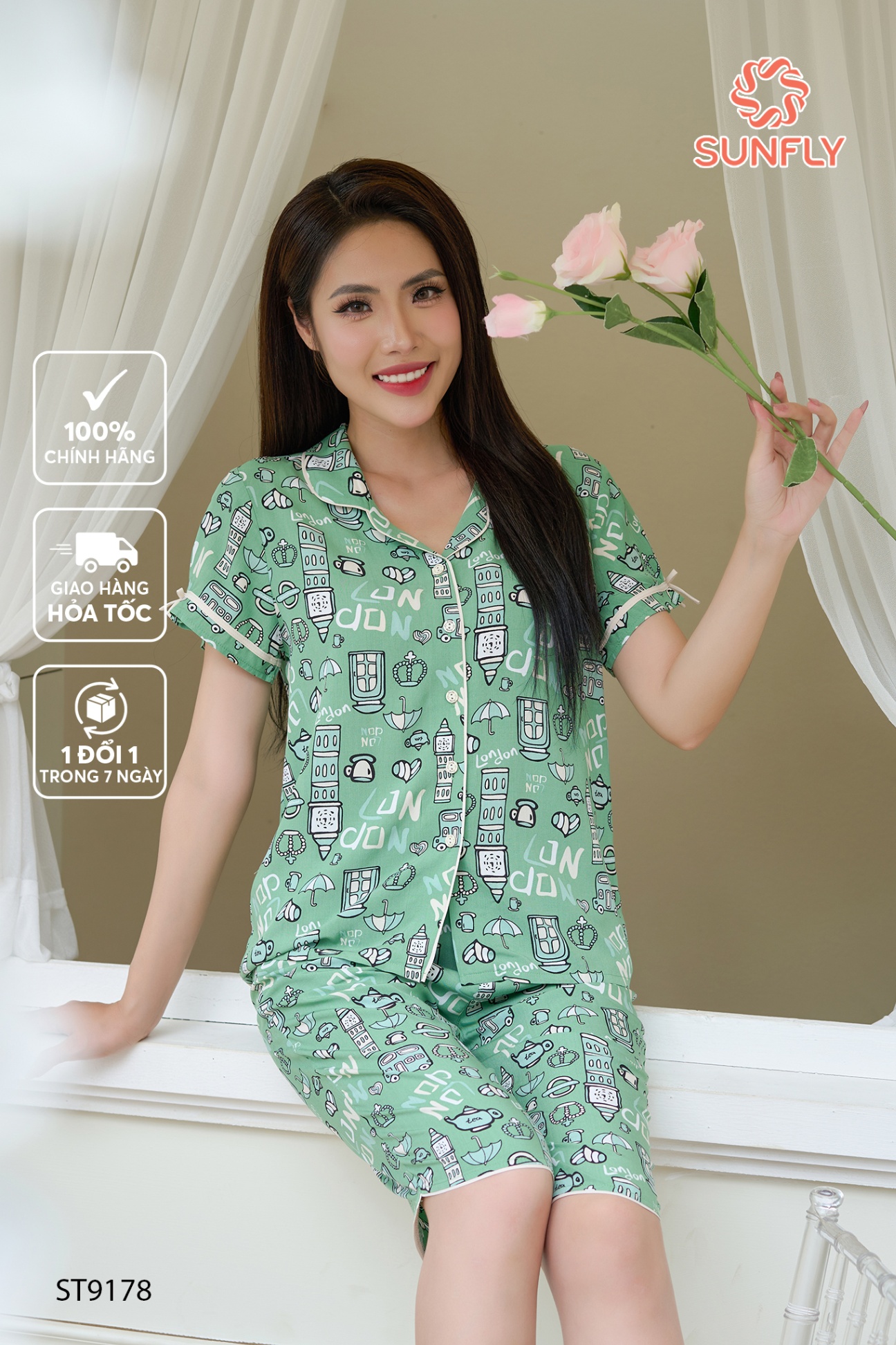 Bộ pijamas nữ lanh ht độc quyền áo cộc quần ngố ST9178