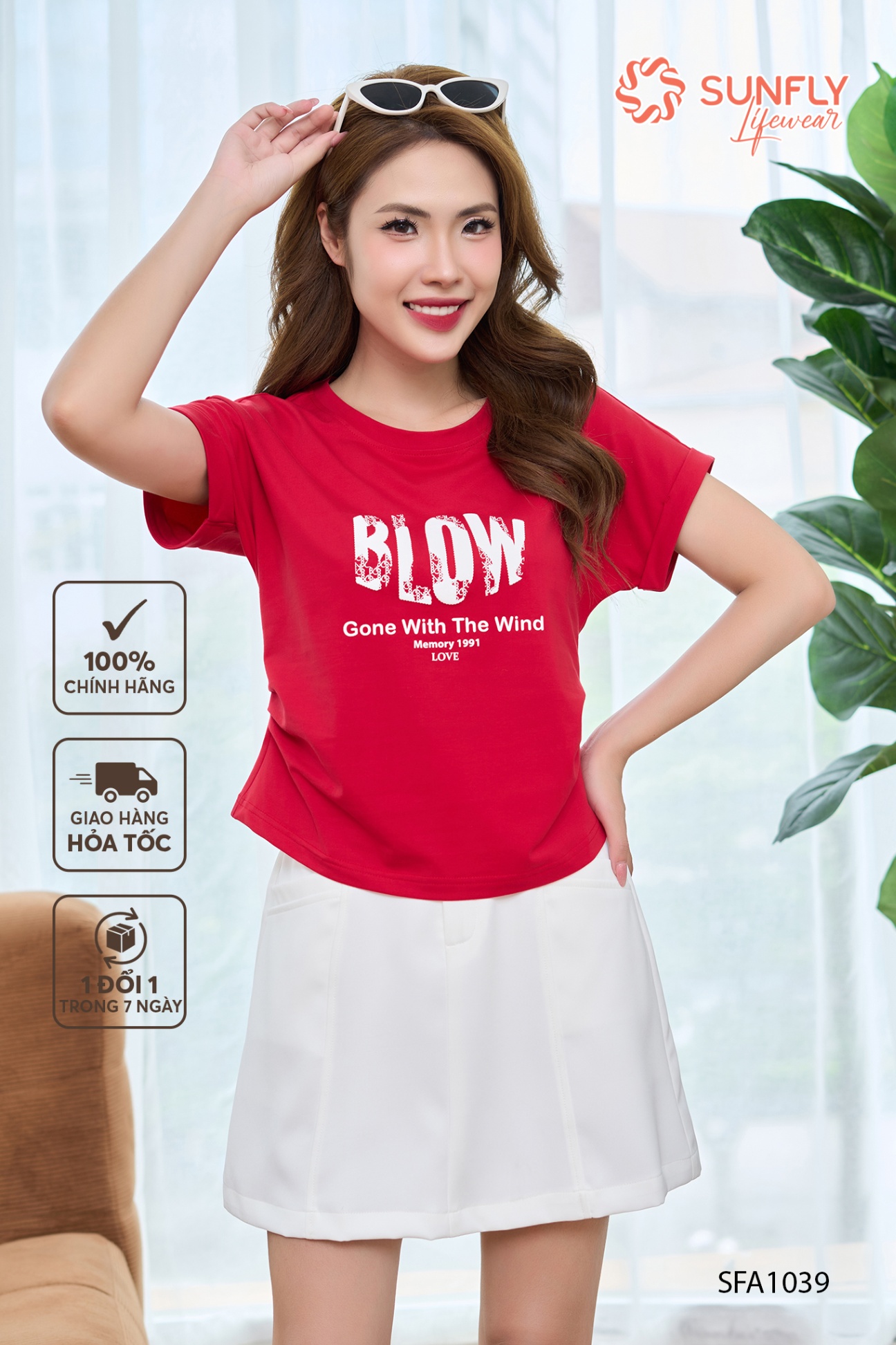 Áo phông nữ cotton compact xếp ly eo cộc tay SFA1039