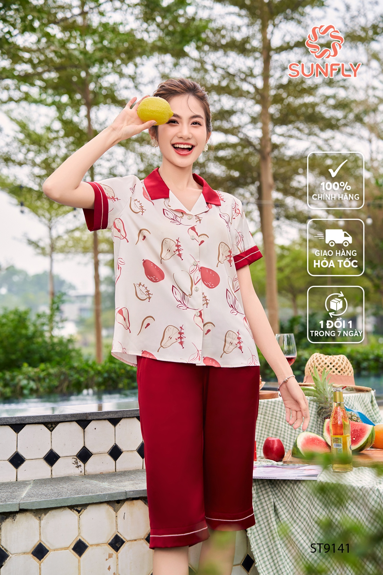 Bộ pijamas nữ lụa satin áo cộc quần ngố ST9141