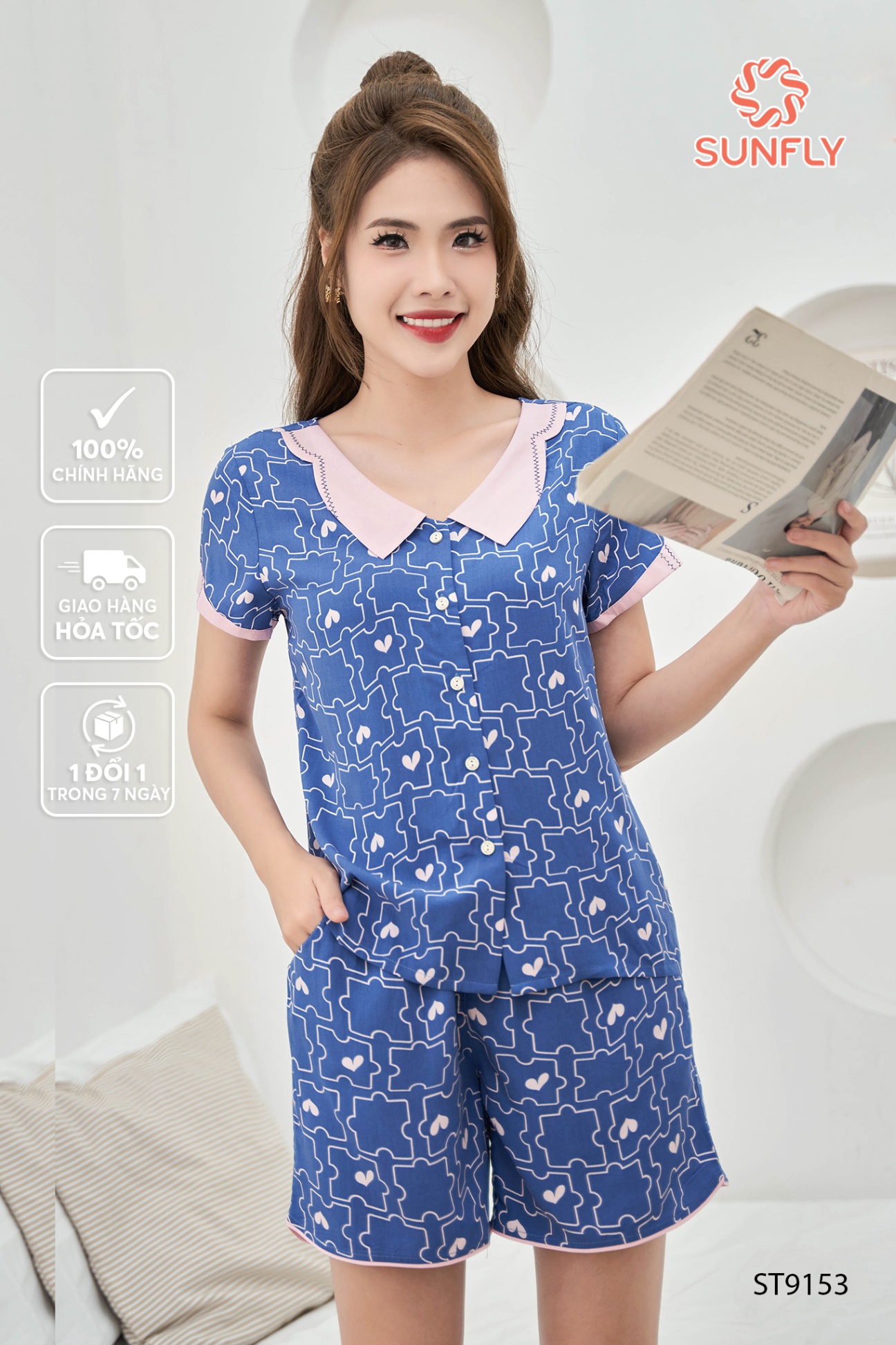 Bộ pijamas nữ lanh ht độc quyền áo cộc quần sooc ST9153