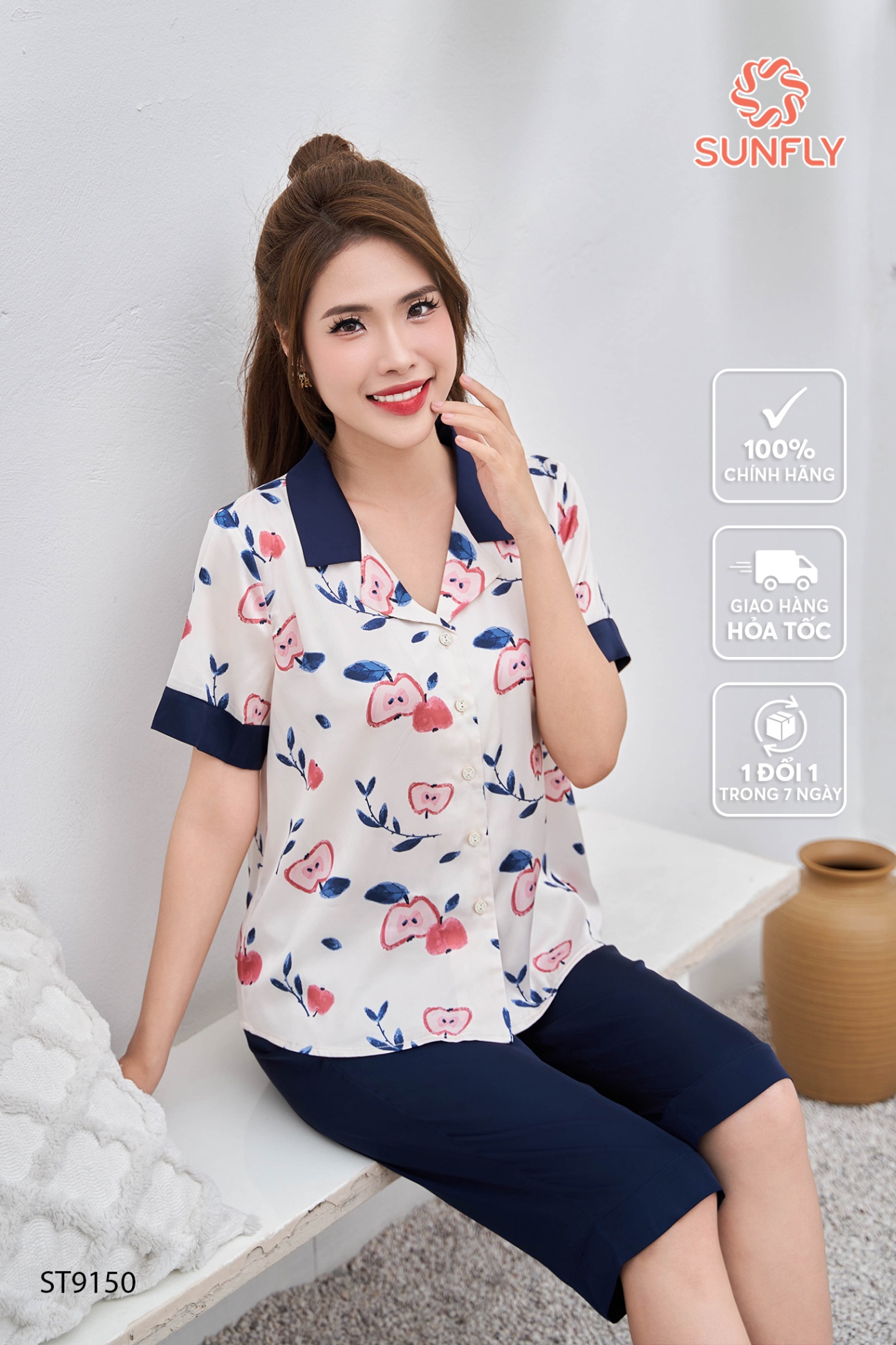 Bộ pijamas nữ lụa satin áo cộc quần ngố ST9150