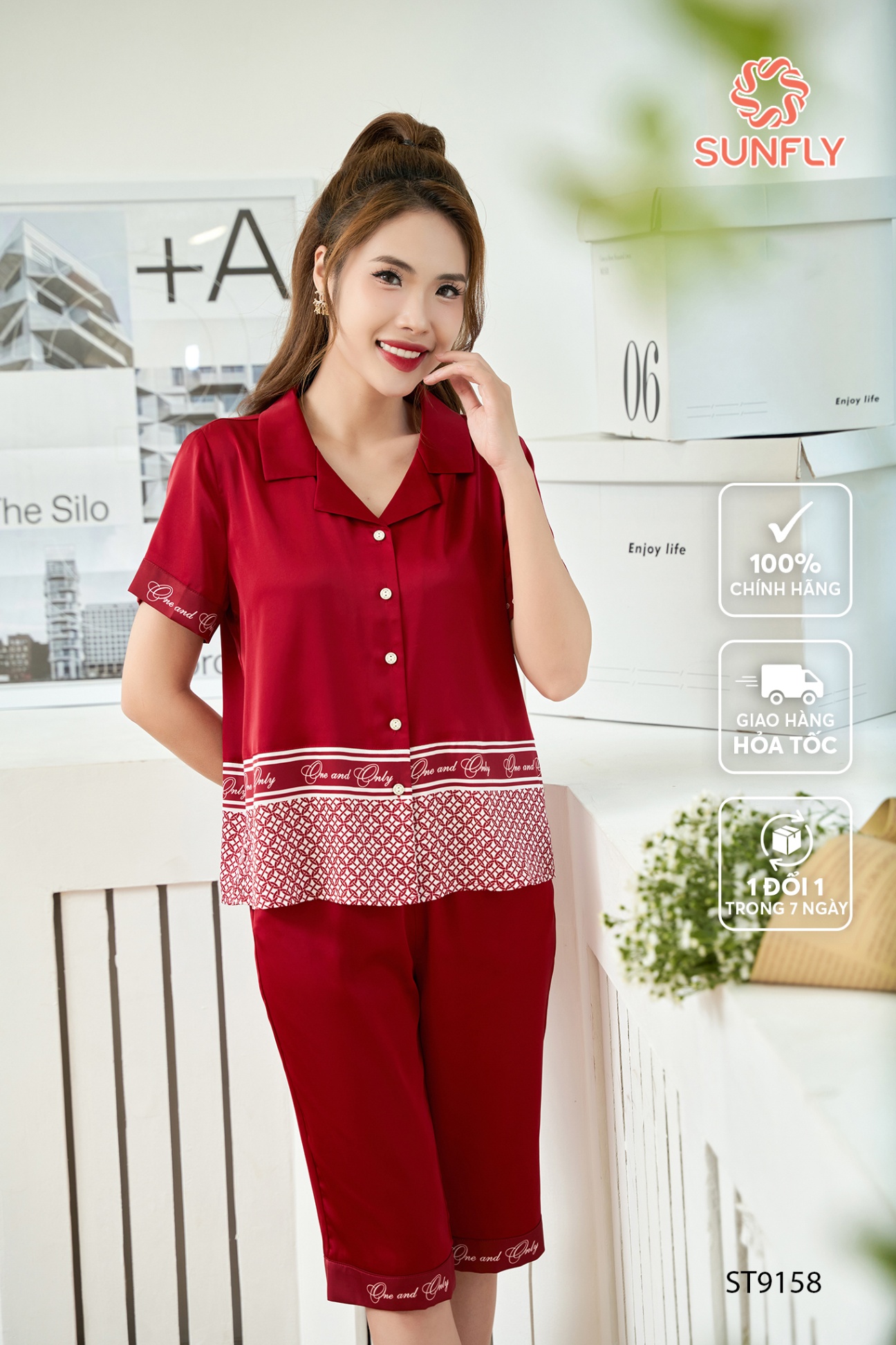 Bộ pijamas nữ lụa màu áo cộc quần ngố ST9158