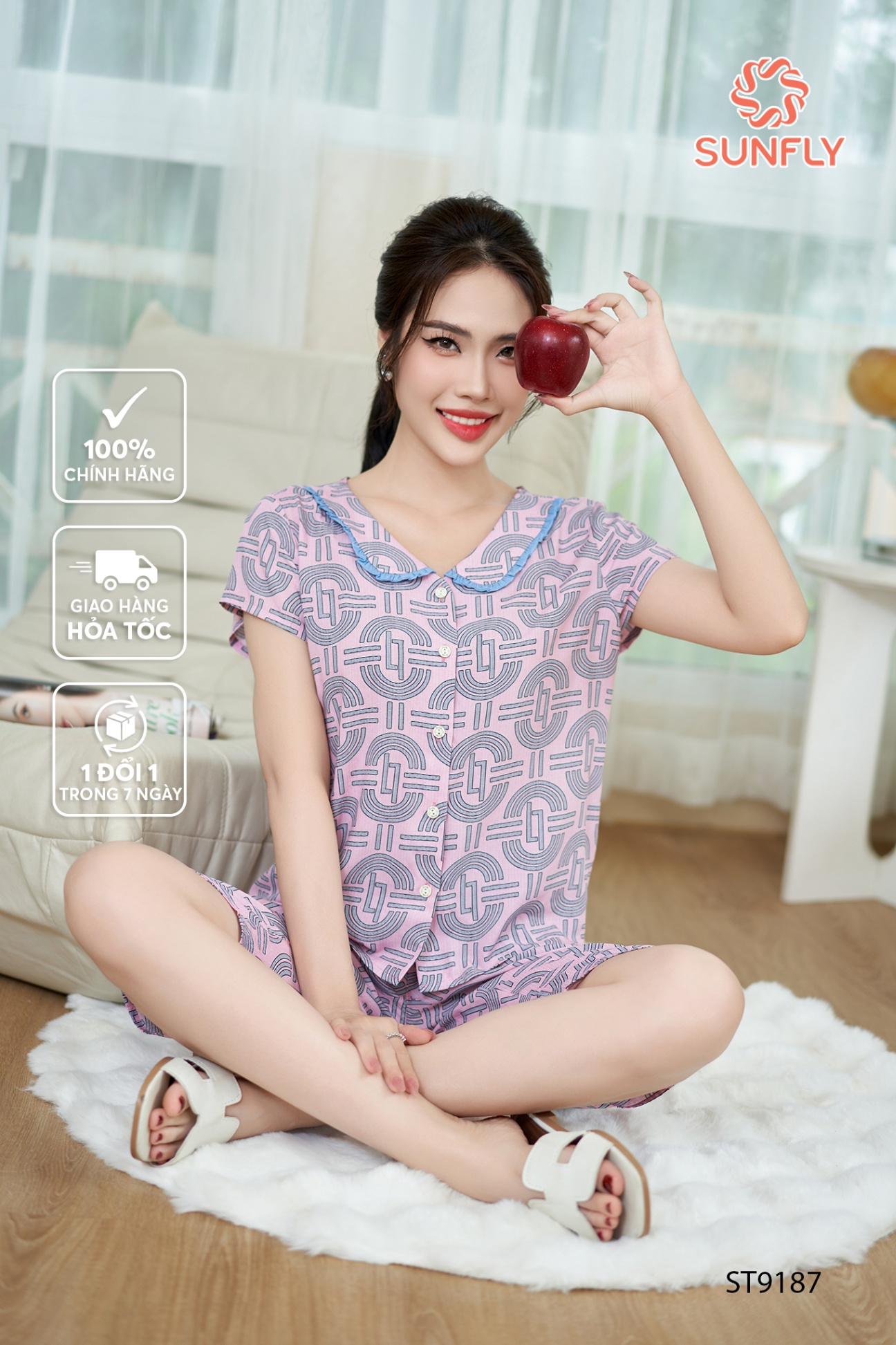 Bộ pijamas nữ lanh lụa ht áo cộc quần trên gối ST9187