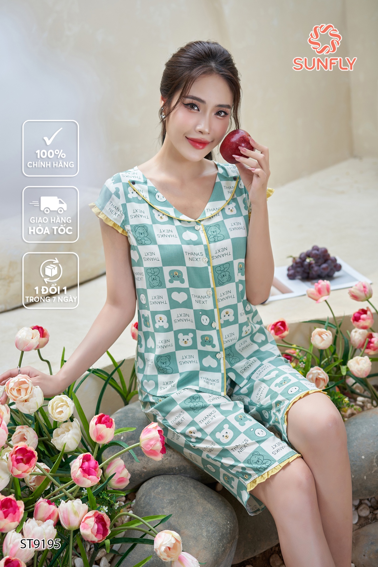 Bộ pijamas nữ lanh lụa ht áo tay hến quần trên gối ST9195