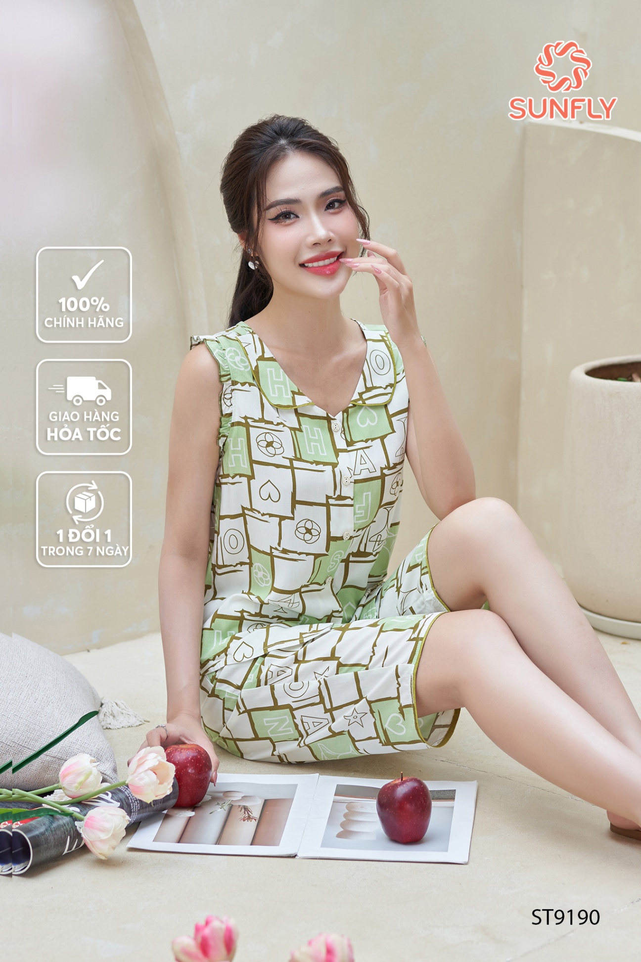 Bộ pijamas nữ lanh lụa ht áo sát nách quần trên gối ST9190