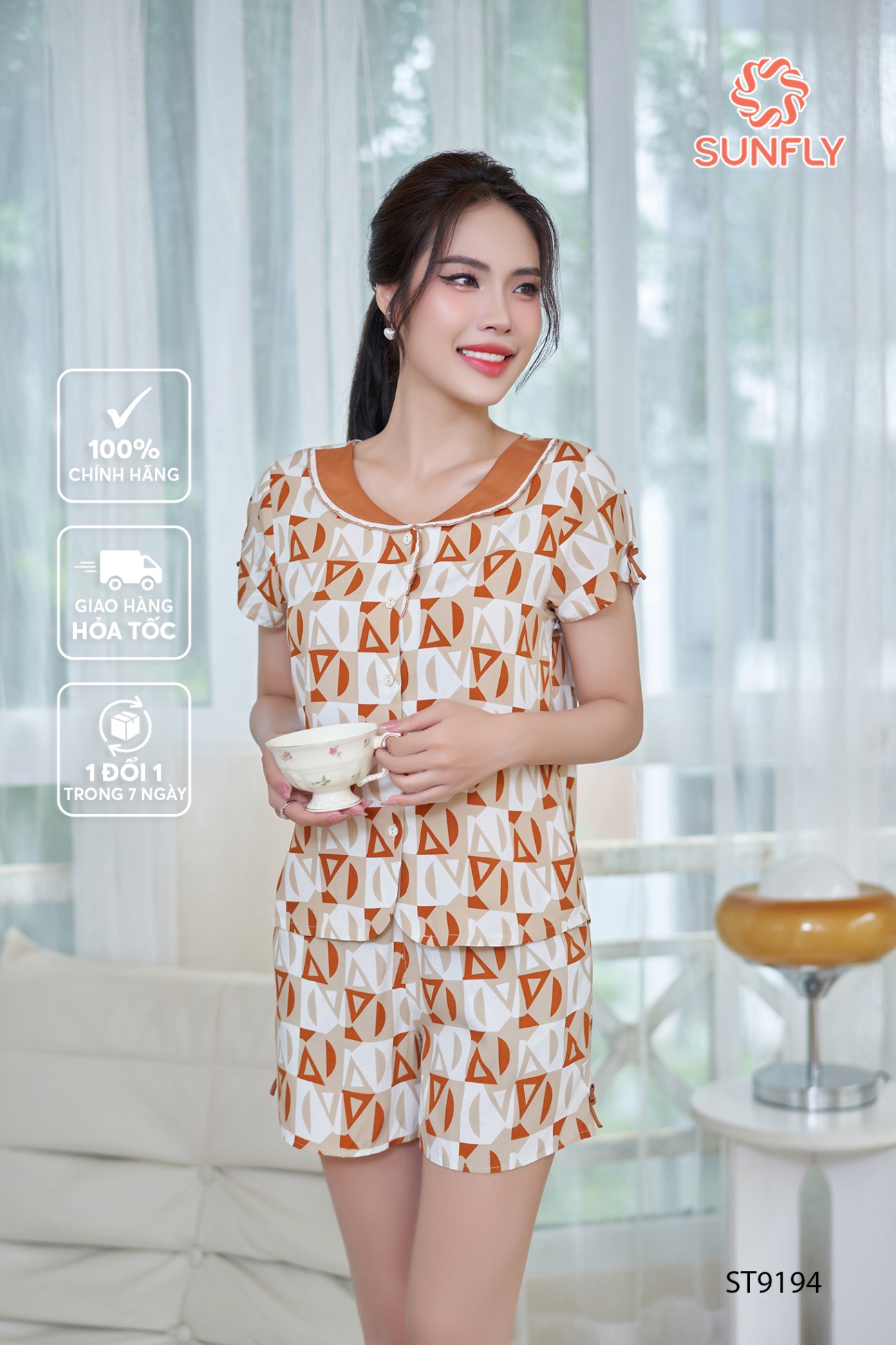 Bộ pijamas nữ lanh lụa ht áo cộc quần sooc ST9194
