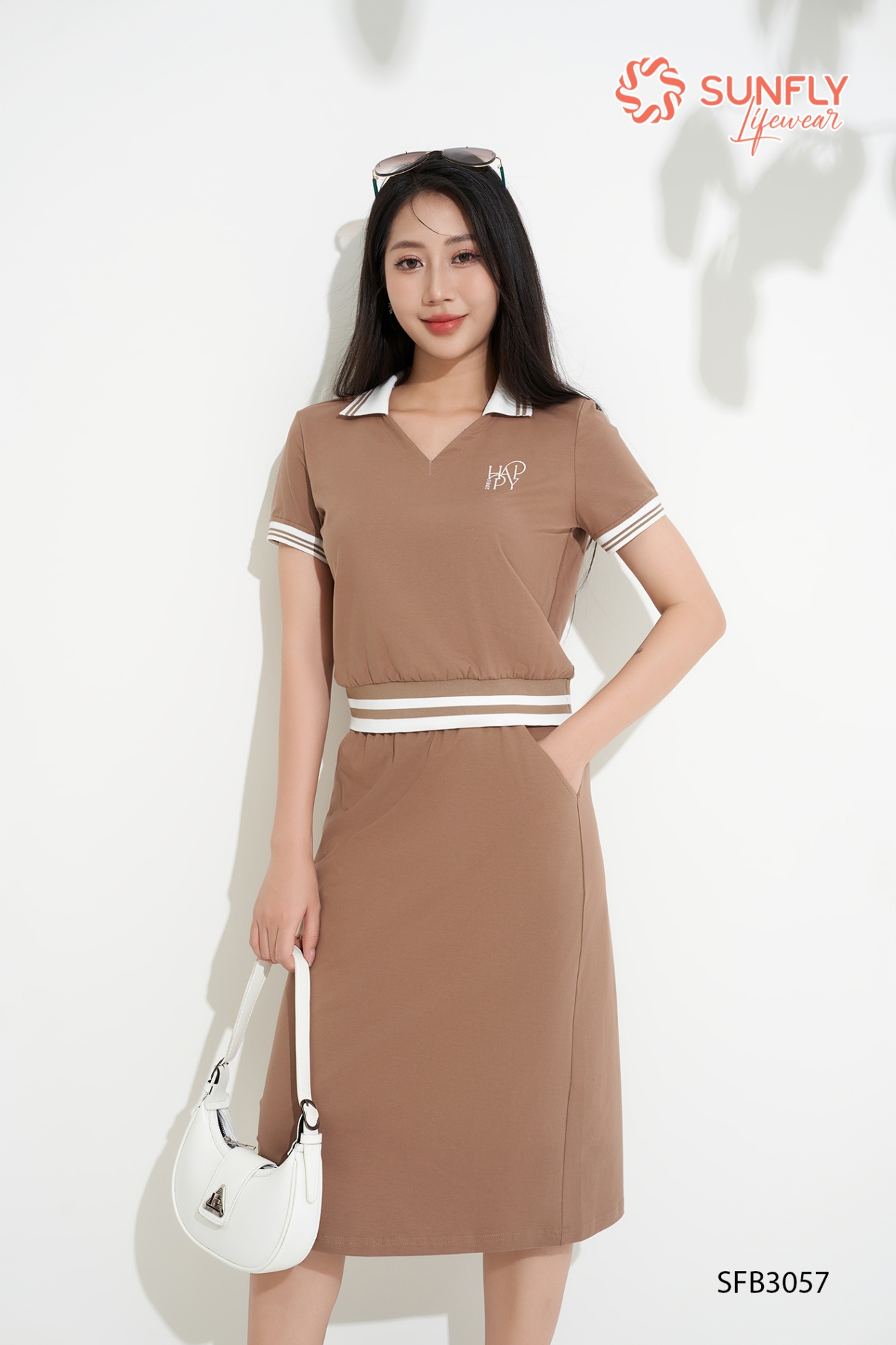 Set đồ nữ cotton compact áo cộc phối zíp kẻ chân váy dài SFB3057