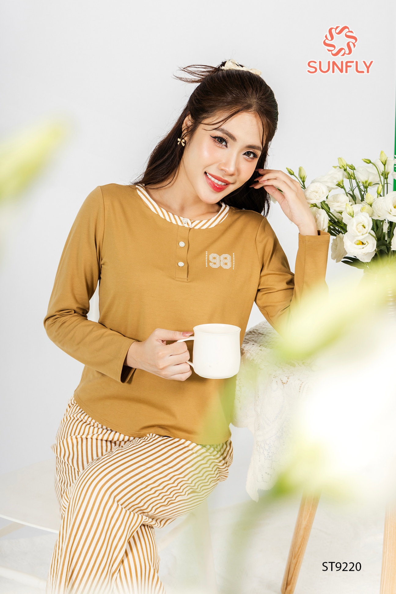 Đồ bộ mặc nhà nữ áo cotton USA dài tay quần dài kate ST9220