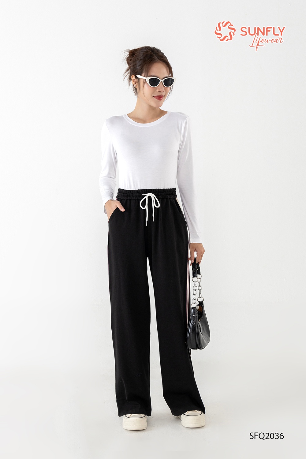 Quần dài nữ cotton phối dây dệt dáng suông SFQ2036