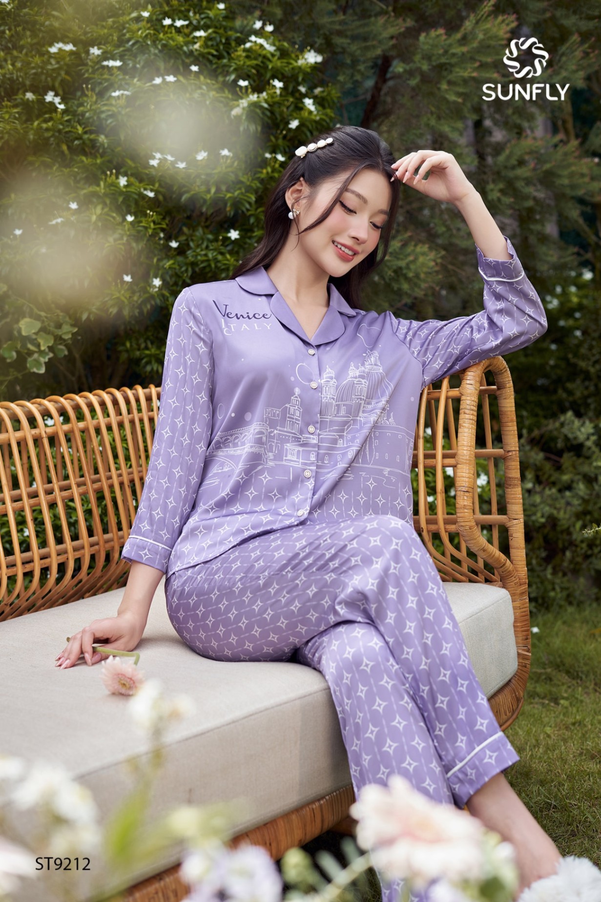 Bộ pijamas nữ lụa satin ht áo tay lỡ quần dài ST9212