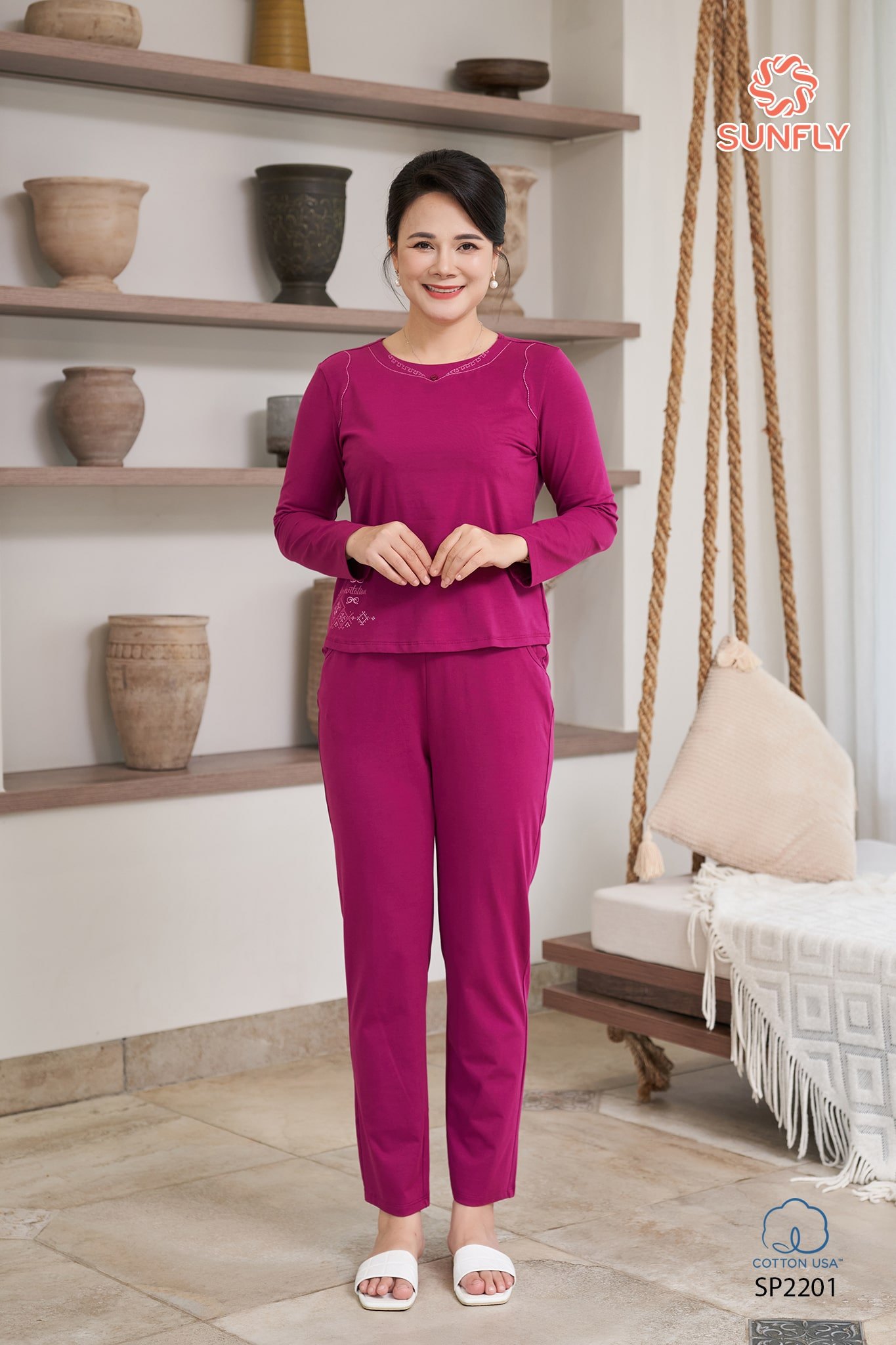 Đồ bộ mặc nhà nữ cotton USA áo dài quần dài SP2201