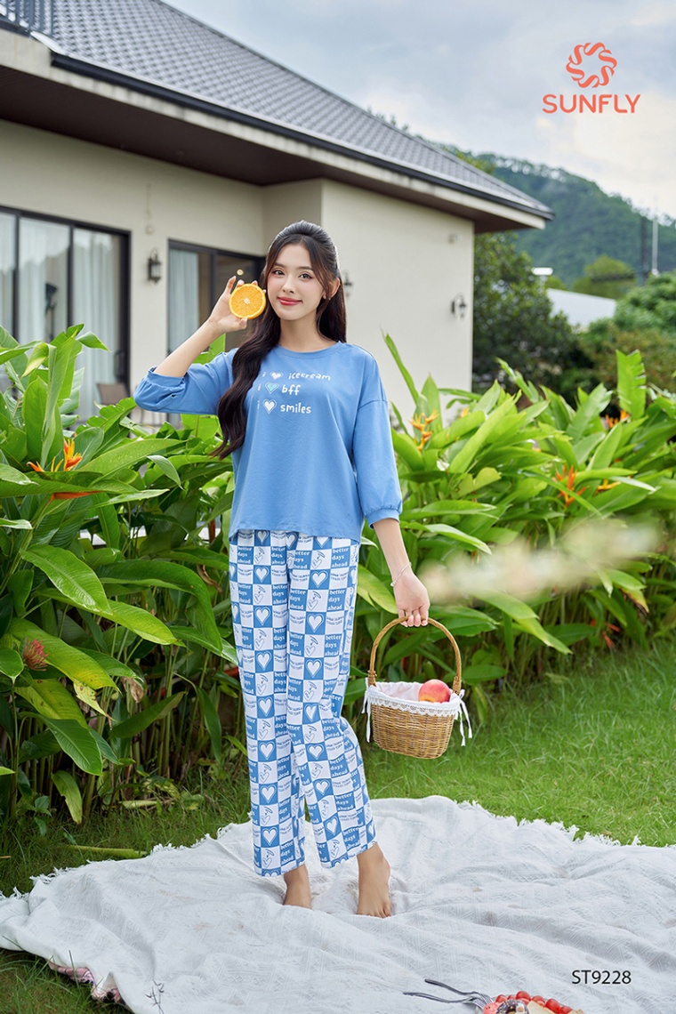 Đồ bộ mặc nhà nữ cotton compact áo tay lỡ quần dài in ht ST9228