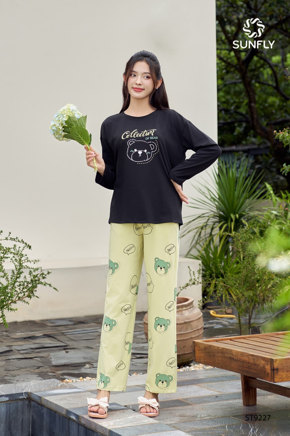 Đồ bộ mặc nhà nữ cotton compact áo dài quần dài in ht ST9227