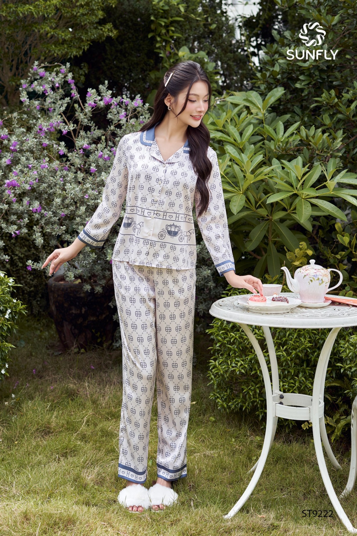 Bộ pijamas nữ lụa satin ht áo tay lỡ dài quần dài ST9222