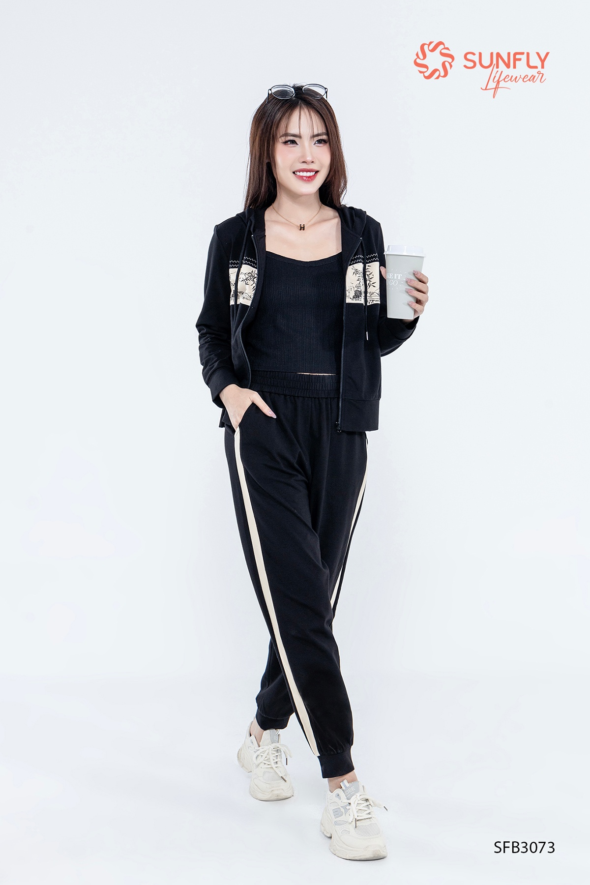 Set đồ nữ cotton áo kéo khóa có mũ dài tay quần dài SFB3073