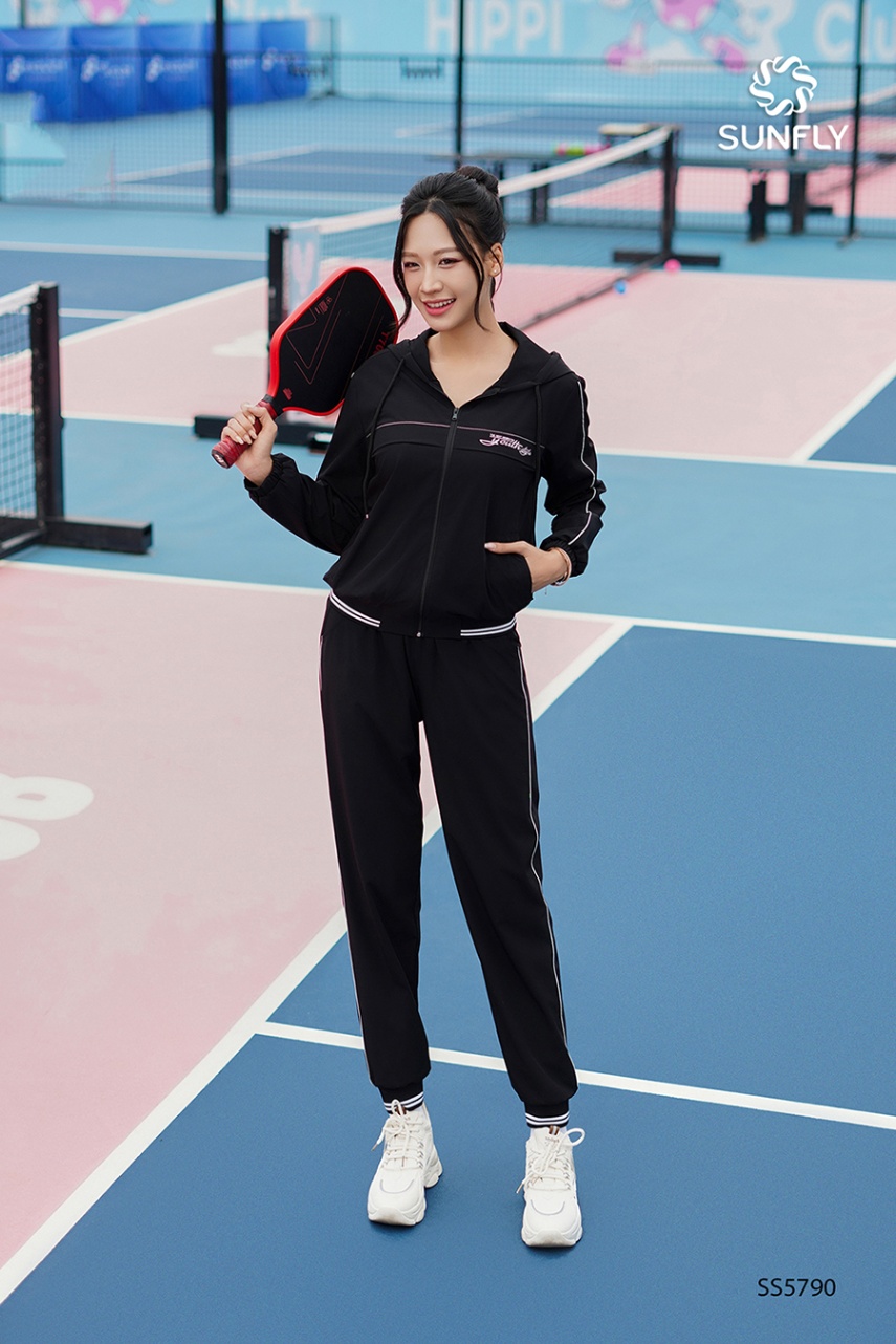 Bộ thể thao nữ gió co giãn áo dài kéo khóa có mũ quần dài SS5790