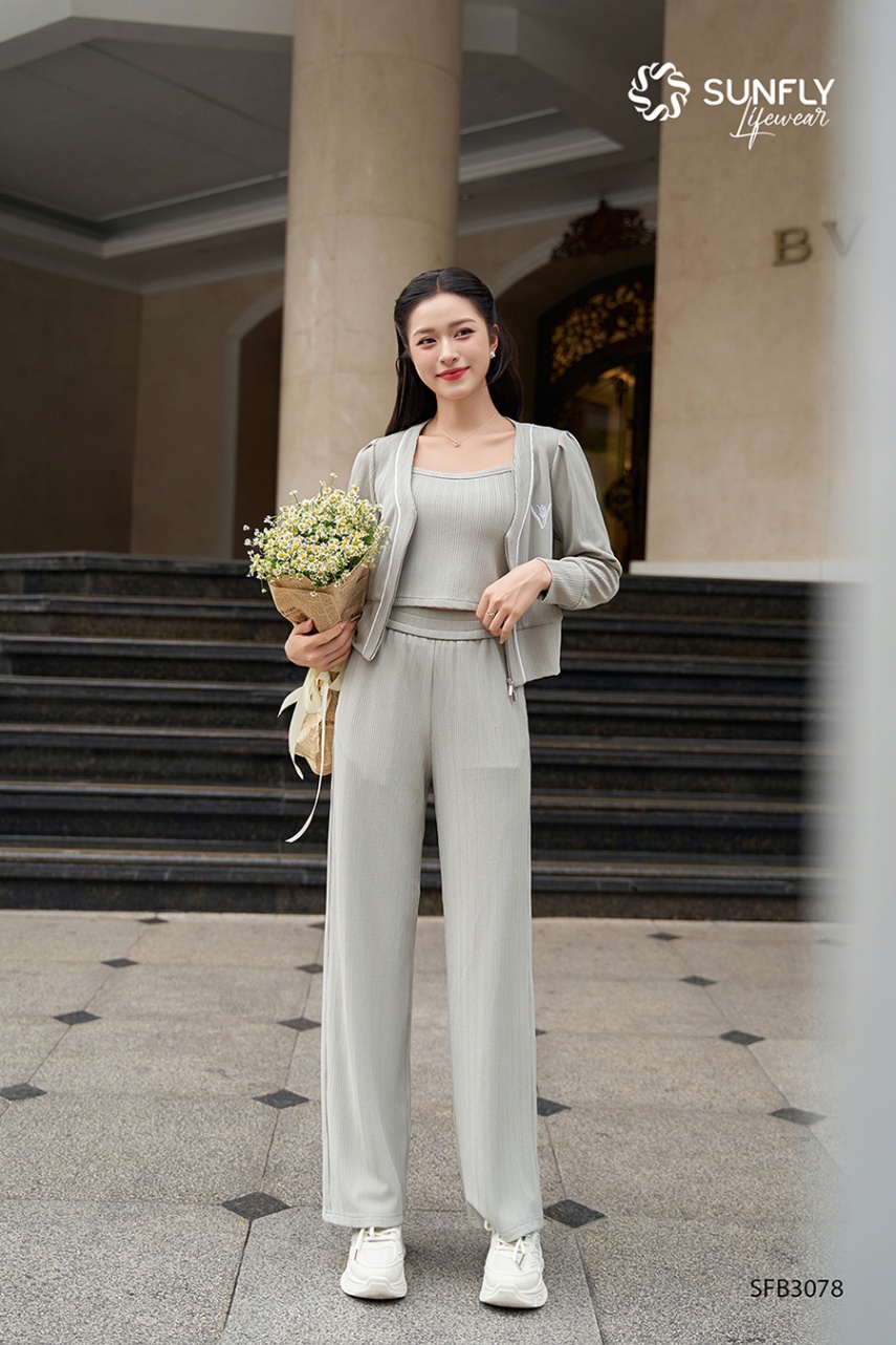 Sét đồ nữ len mỏng áo 2 dây, áo dài kéo khóa quần suông dài SFB3078