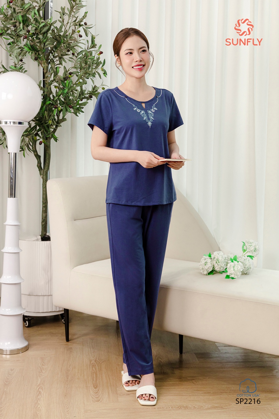 Đồ bộ mặc nhà nữ cotton USA áo cộc quần dài SP2216