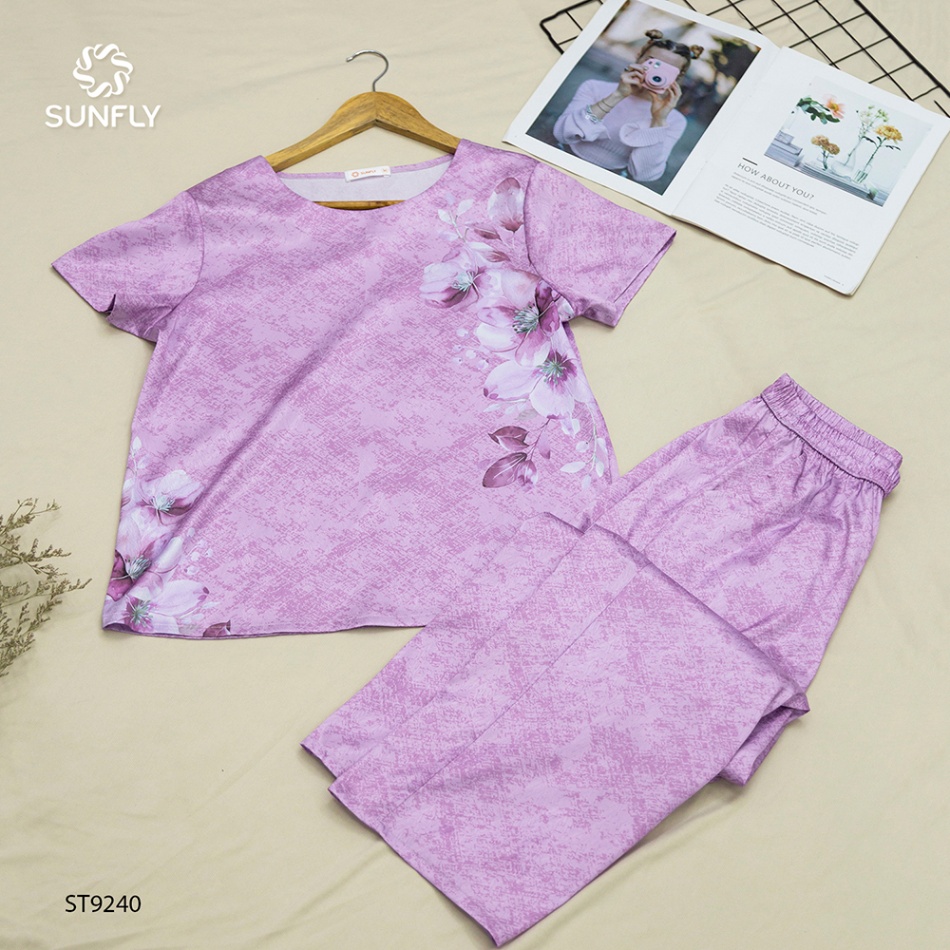 Đồ bộ mặc nhà nữ lụa satin jacquard áo cộc quần dài SP2215