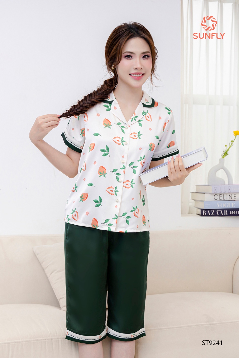 Bộ pijama nữ lụa latin áo cộc quần ngố ST9241 XL dâu xanh rêu