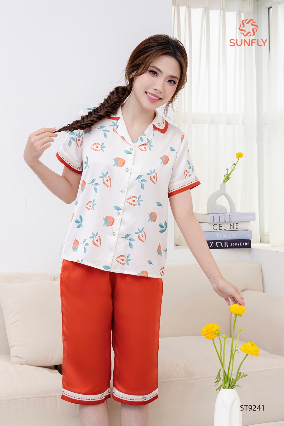 Bộ pijama nữ lụa latin áo cộc quần ngố ST9241