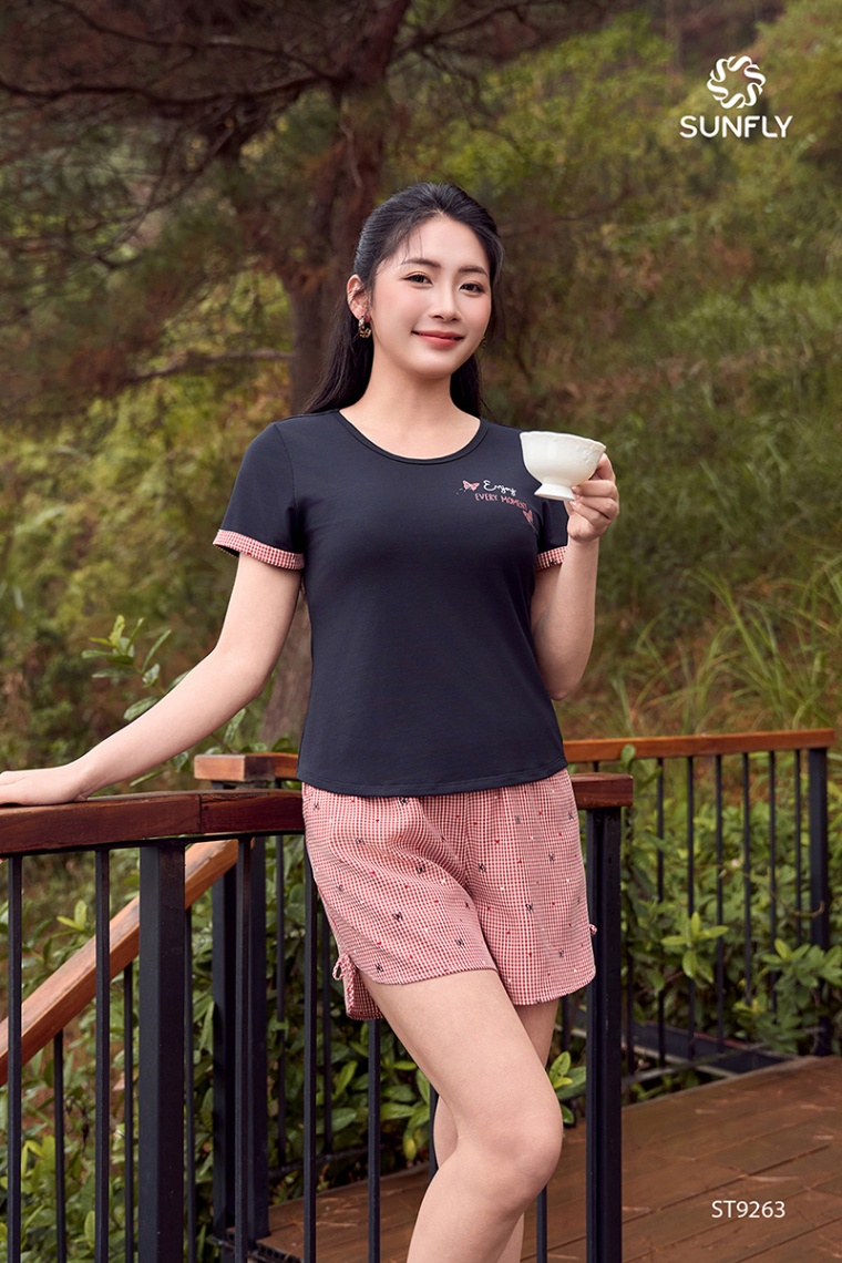 Đồ bộ mặc nhà nữ áo cotton compact cộc tay quần sooc kate ST9263