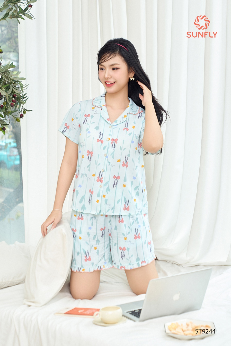 Bộ pijama nữ lanh ht áo cộc quần sooc ST9244