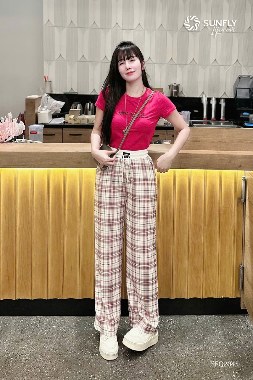 Quần nữ kate kẻ dáng suông dài SFQ2045