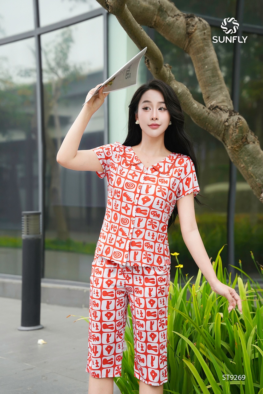 Bộ pijama nữ lanh ht áo cộc quần ngố ST9269