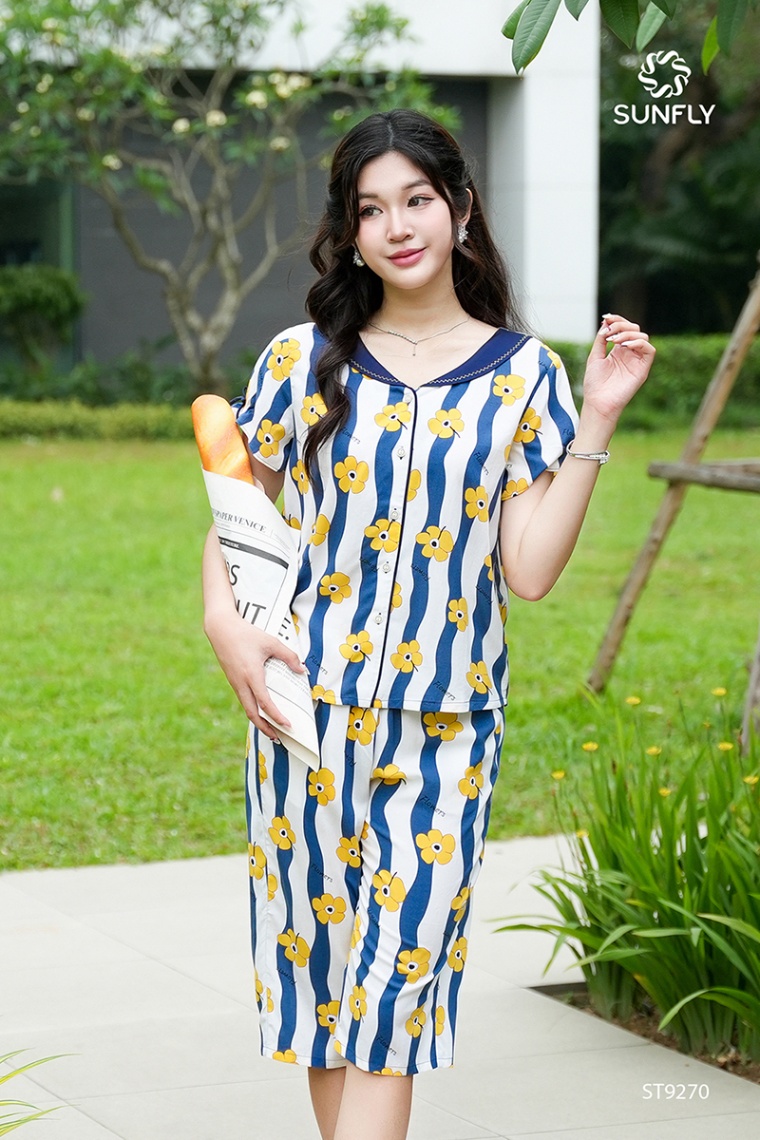 Bộ pijama nữ lanh ht áo cộc quần ngố ST9270