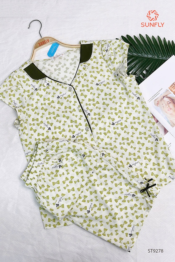 Bộ pijama nữ lanh ht áo cộc quần ngố ST9278