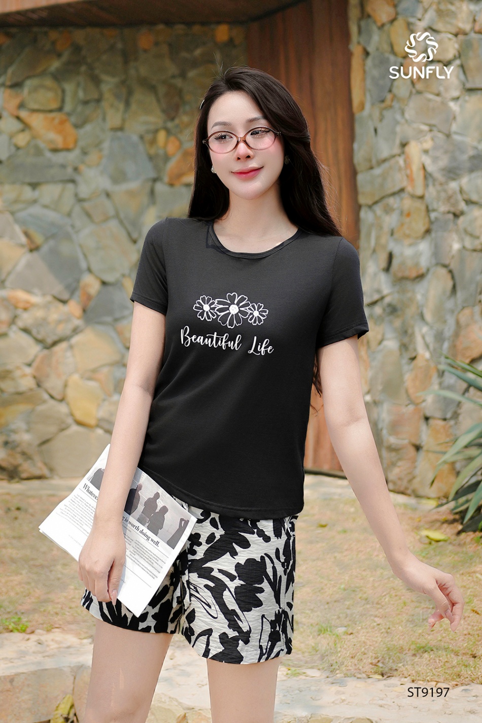 Đồ bộ mặc nhà nữ áo cotton compact cộc tay quần sooc linen ST9197 L đen