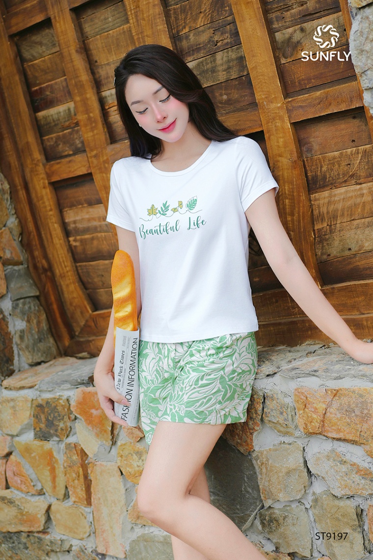 Đồ bộ mặc nhà nữ áo cotton compact cộc tay quần sooc linen ST9197