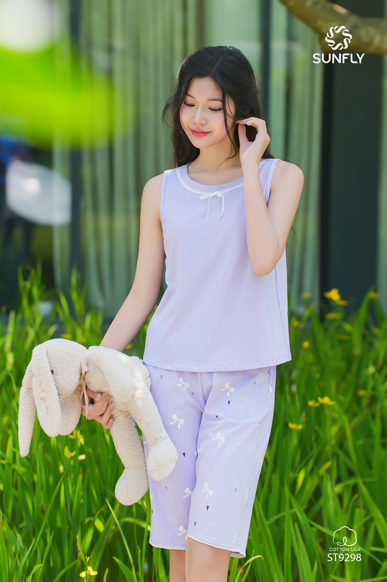 Đồ bộ mặc nhà nữ cotton USA áo sát nách quần trên gối ST9298