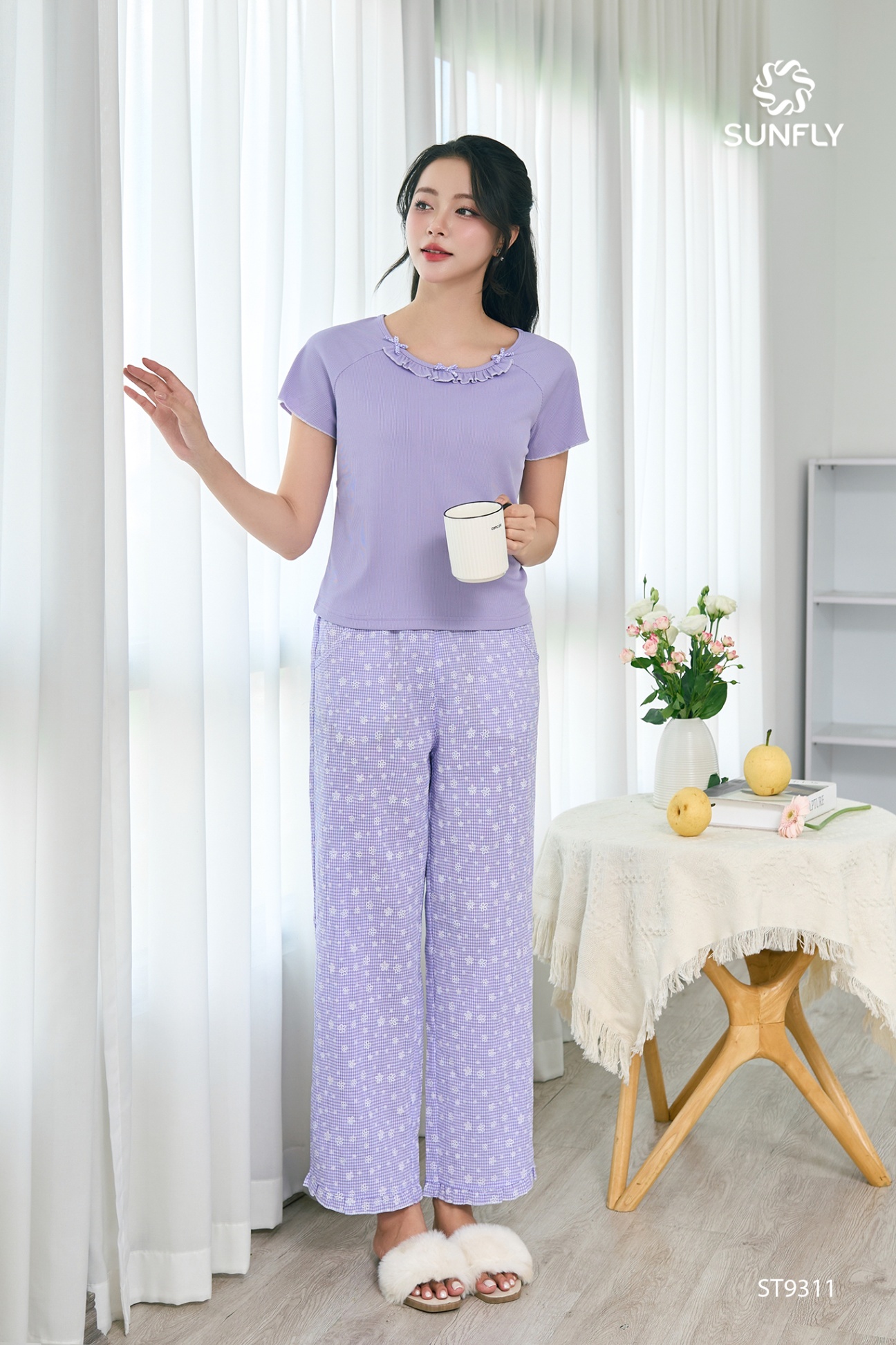 Đồ bộ mặc nhà nữ áo thun tăm cộc tay quần dài kate ST9311