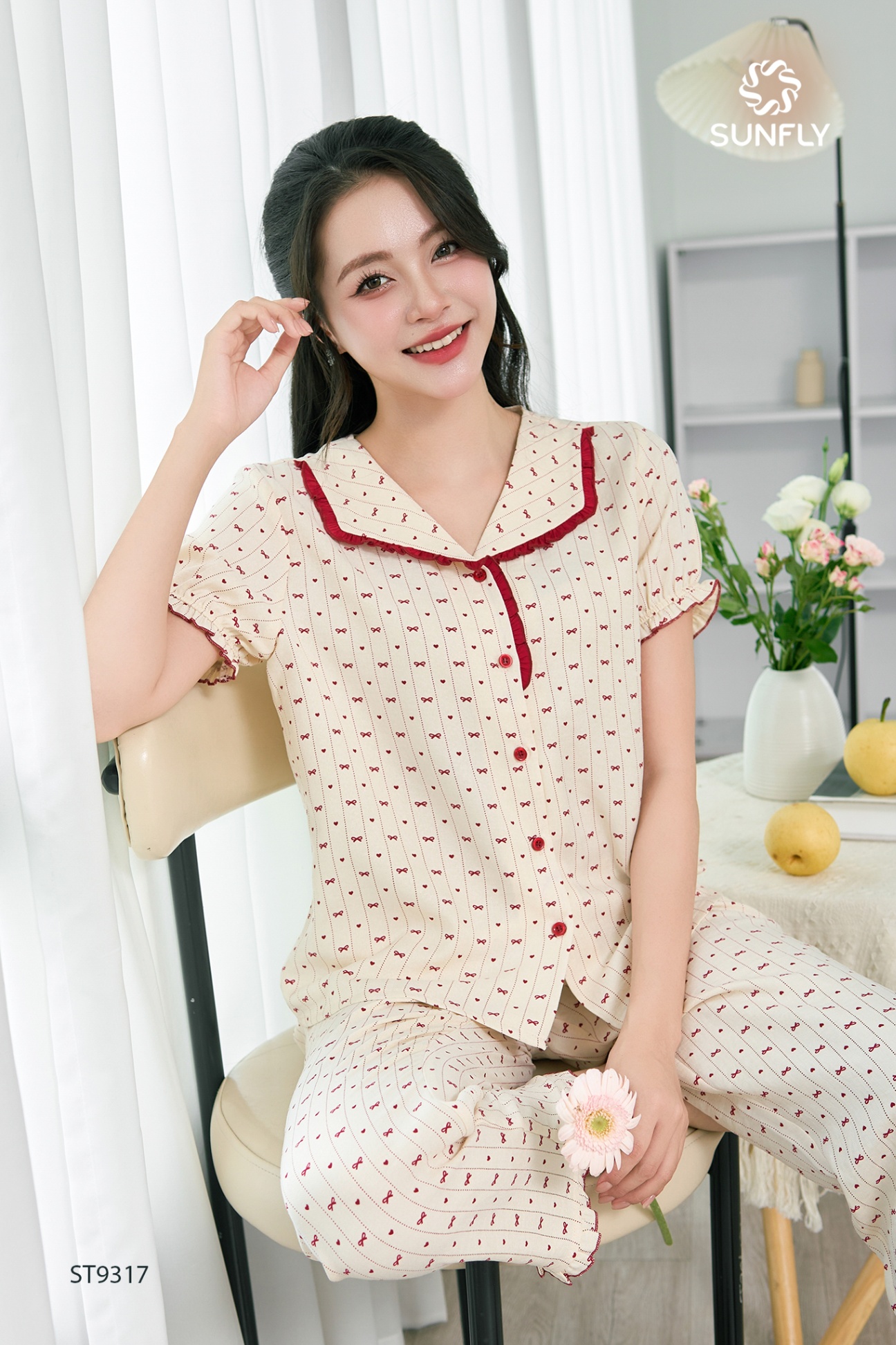 Bộ pijama nữ đũi vân mây áo cộc quần dài ST9317