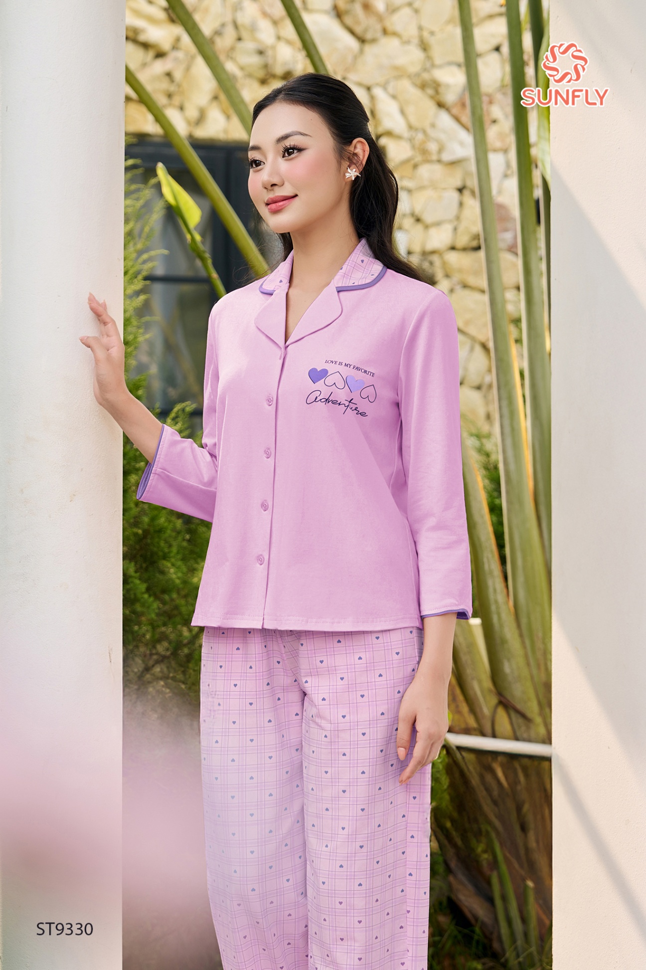 Bộ pijama nữ cotton compact áo tay lỡ quần dài ST9330 L hồng tím