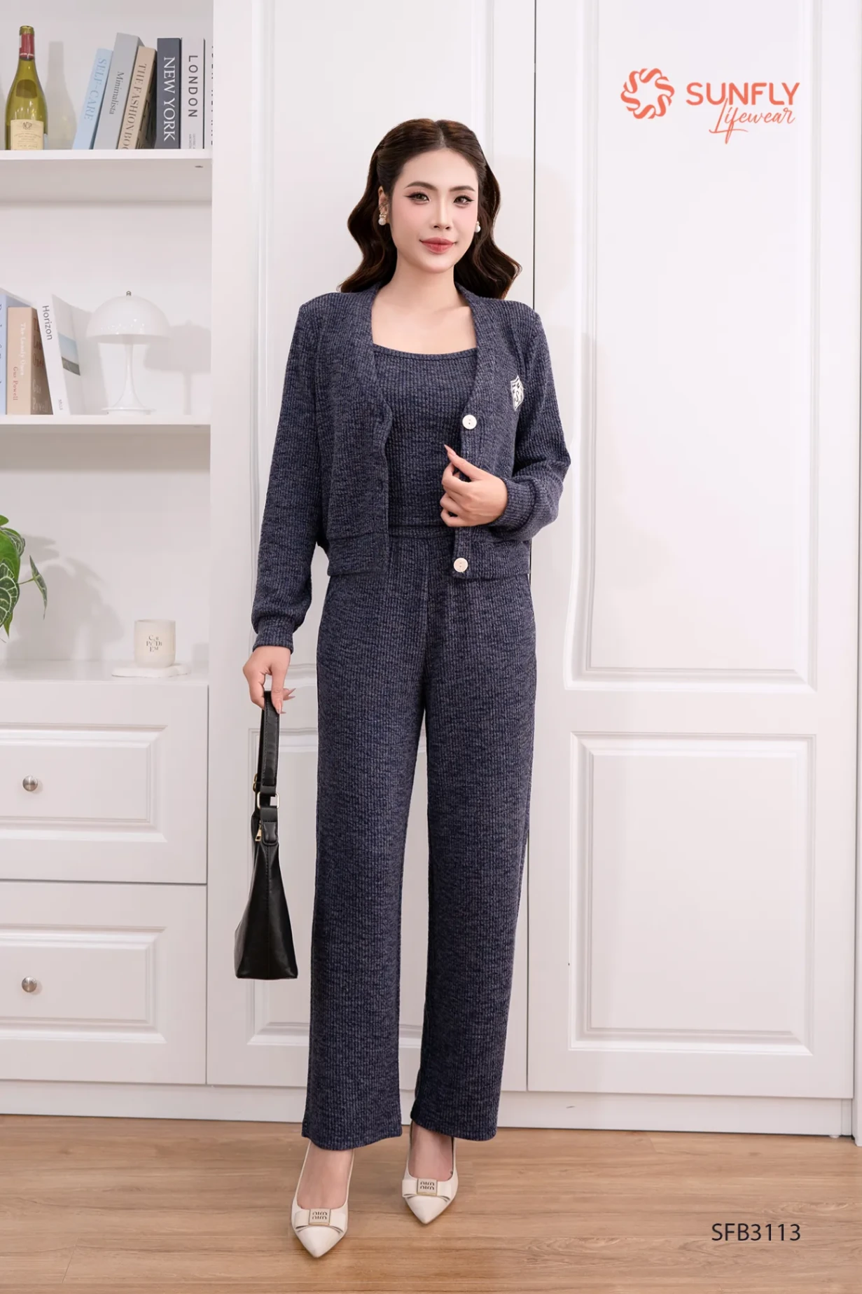Set 3 len áo dây - áo khoác - quần suông dài SFB3113 XL xanh tím than
