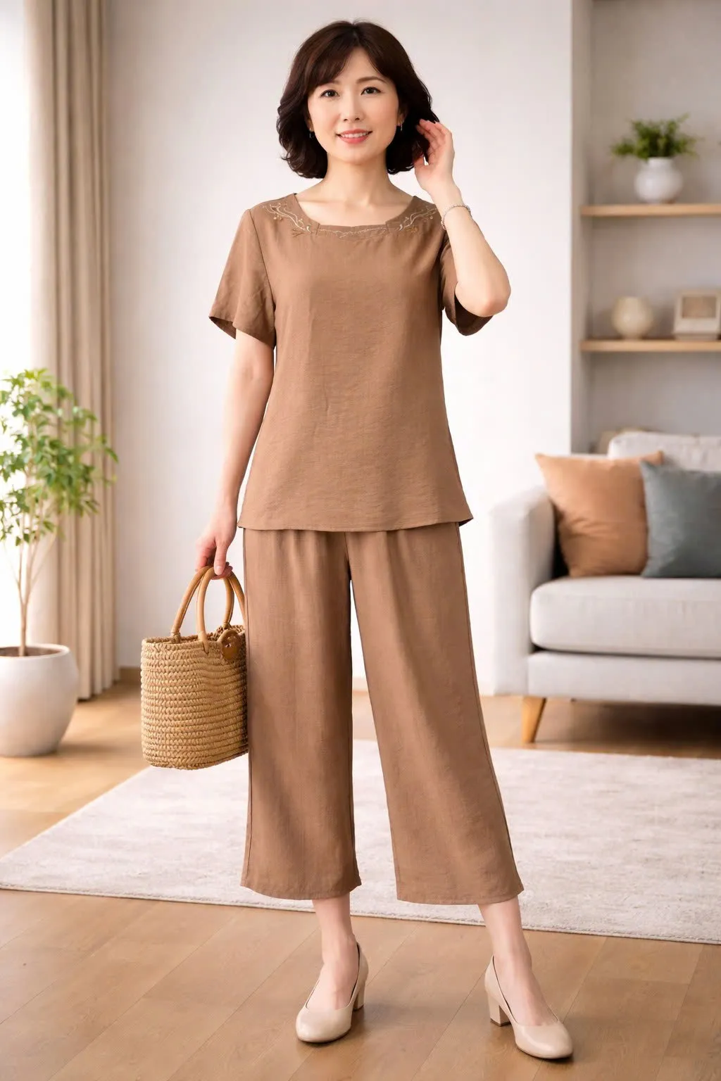 Đồ bộ mặc nhà nữ linen áo cộc quần ngố SP2265 XXL nâu cacao