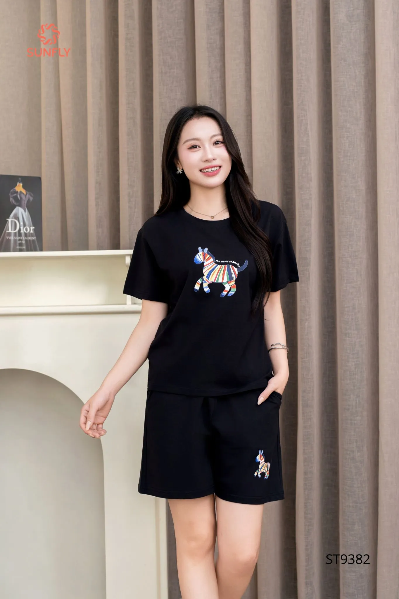 Đồ bộ mặc nhà nữ cotton USA áo cộc quần sooc ST9382 XL đen