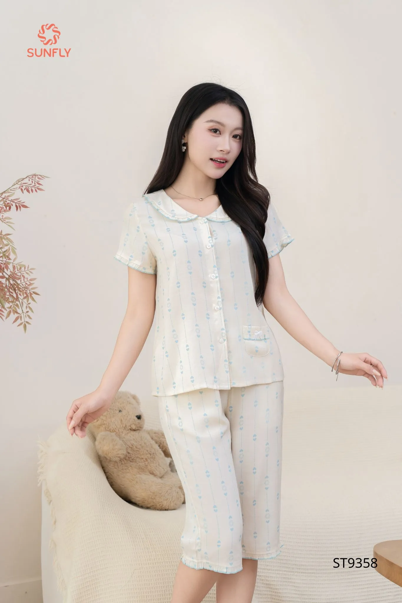 Bộ pijama nữ đũi áo cộc quần ngố ST9358 L tim xanh ngọc