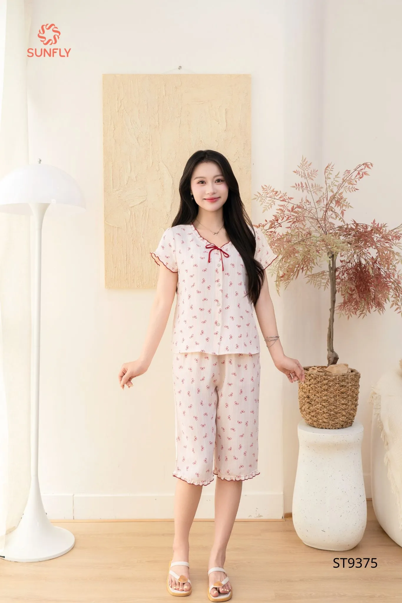 Bộ pijama nữ đũi vân mây áo cộc quần ngố ST9375